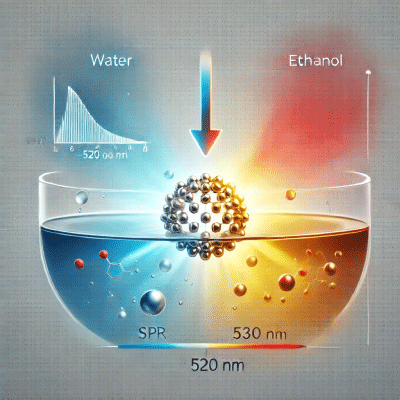 An illustration depicting the shift in surface plasmon resonance (SPR) of a gold nanoparticle when transitioning between water and ethanol